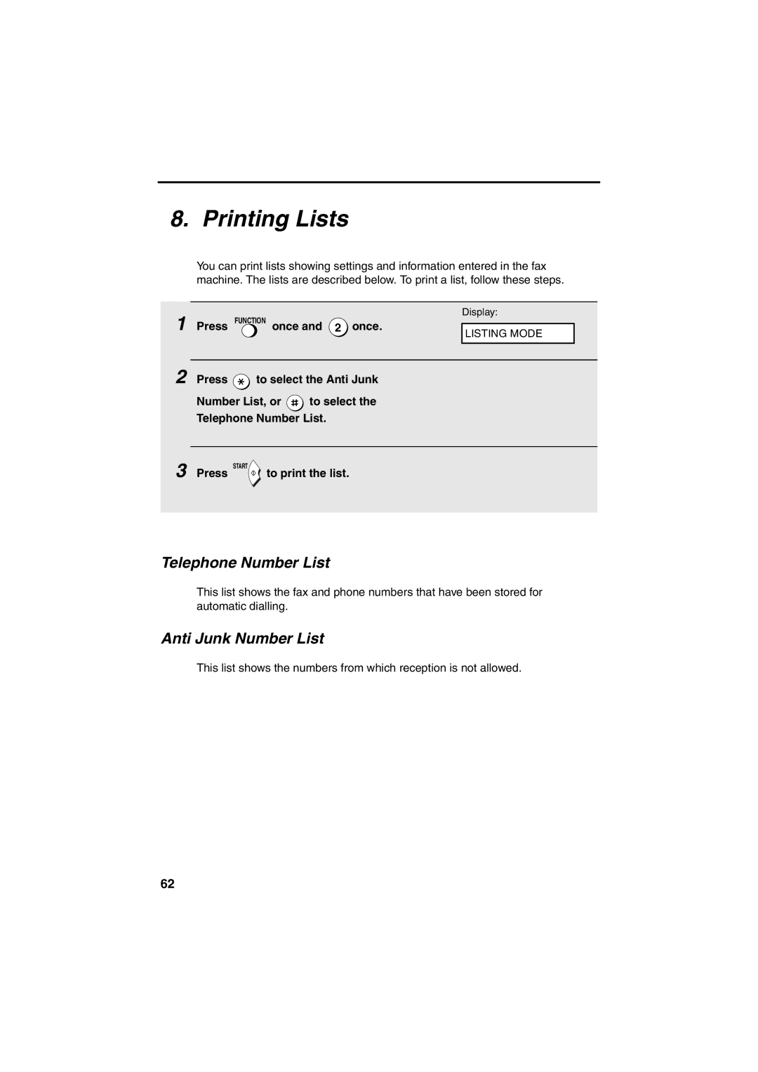 Sharp UX-41, UX-61, UX-21, FO-11, GQ-56, FO-51 Printing Lists, Telephone Number List, Anti Junk Number List, To print the list 