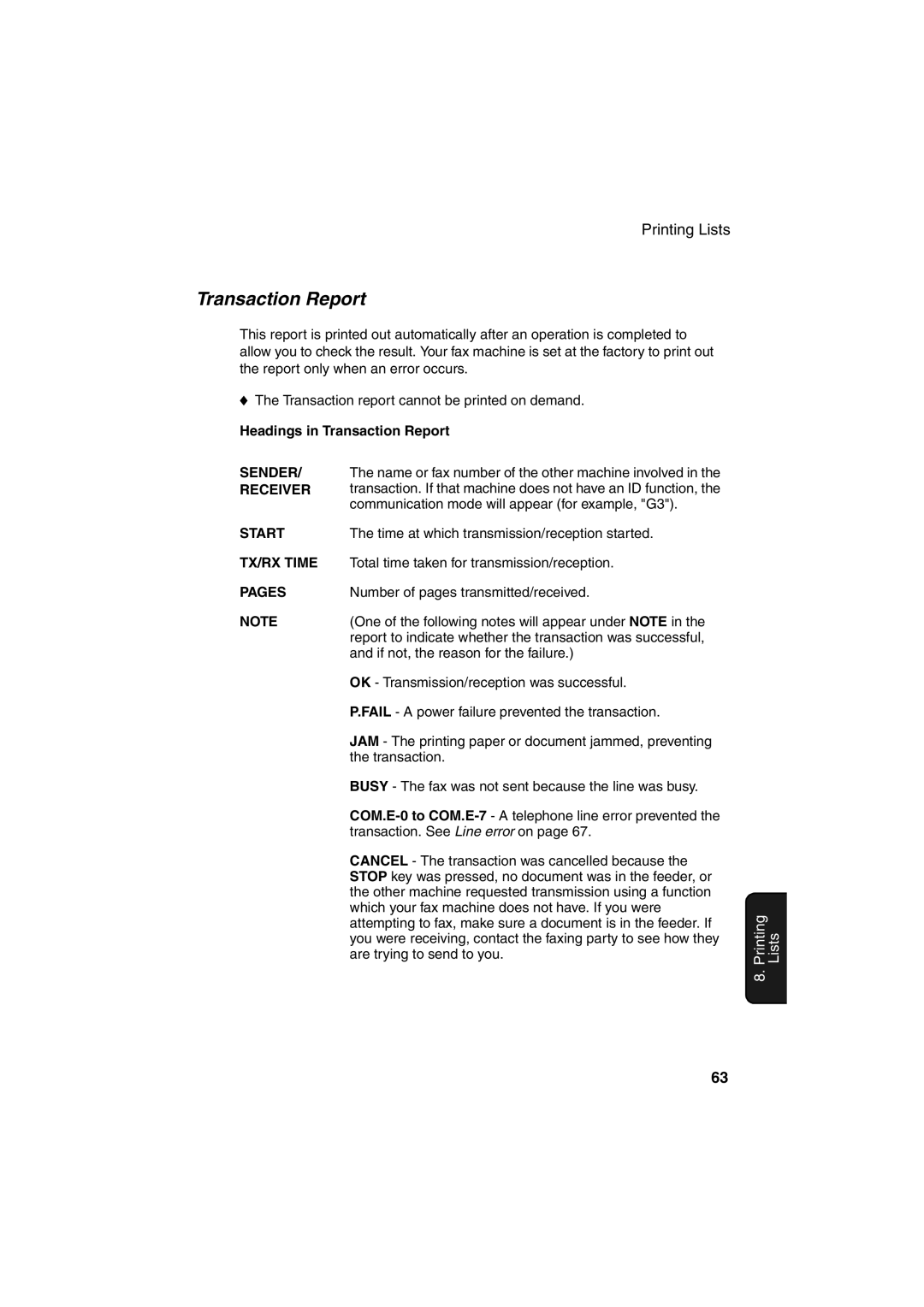 Sharp UX-61, UX-41, UX-21, FO-11, GQ-56, FO-51, FO-71 operation manual Headings in Transaction Report 