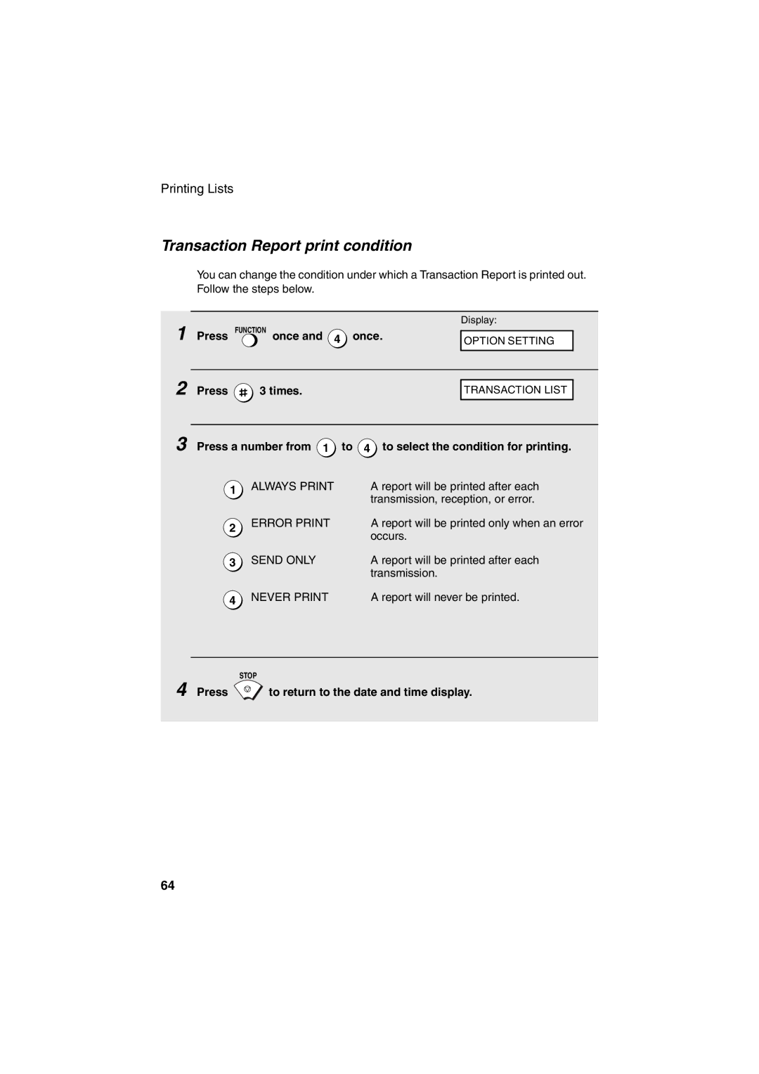 Sharp UX-21, UX-41, UX-61, FO-11, GQ-56, FO-51, FO-71 operation manual Transaction Report print condition, Press 3 times 