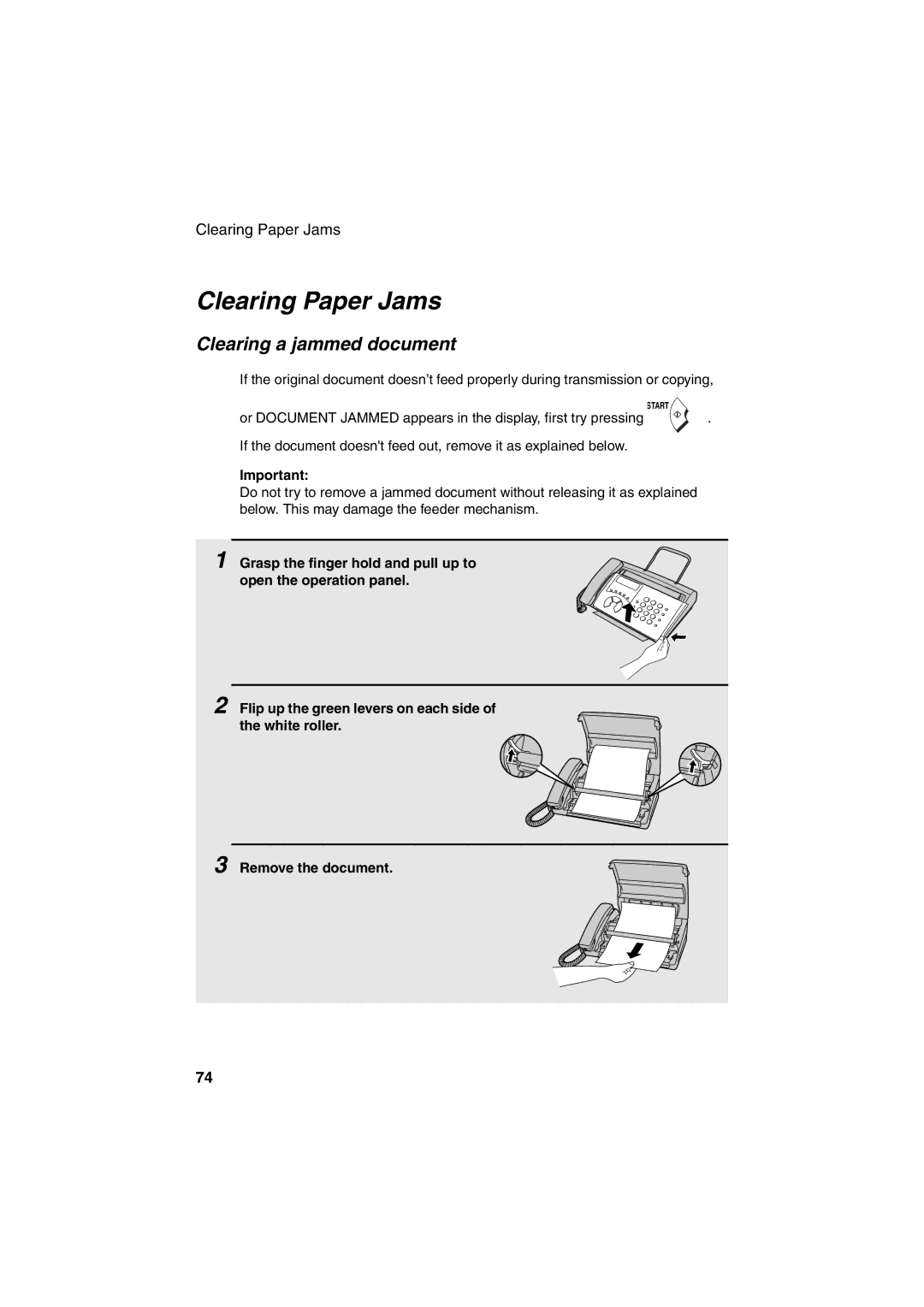 Sharp FO-51, UX-41, UX-61, UX-21, FO-11, GQ-56, FO-71 operation manual Clearing Paper Jams, Clearing a jammed document 