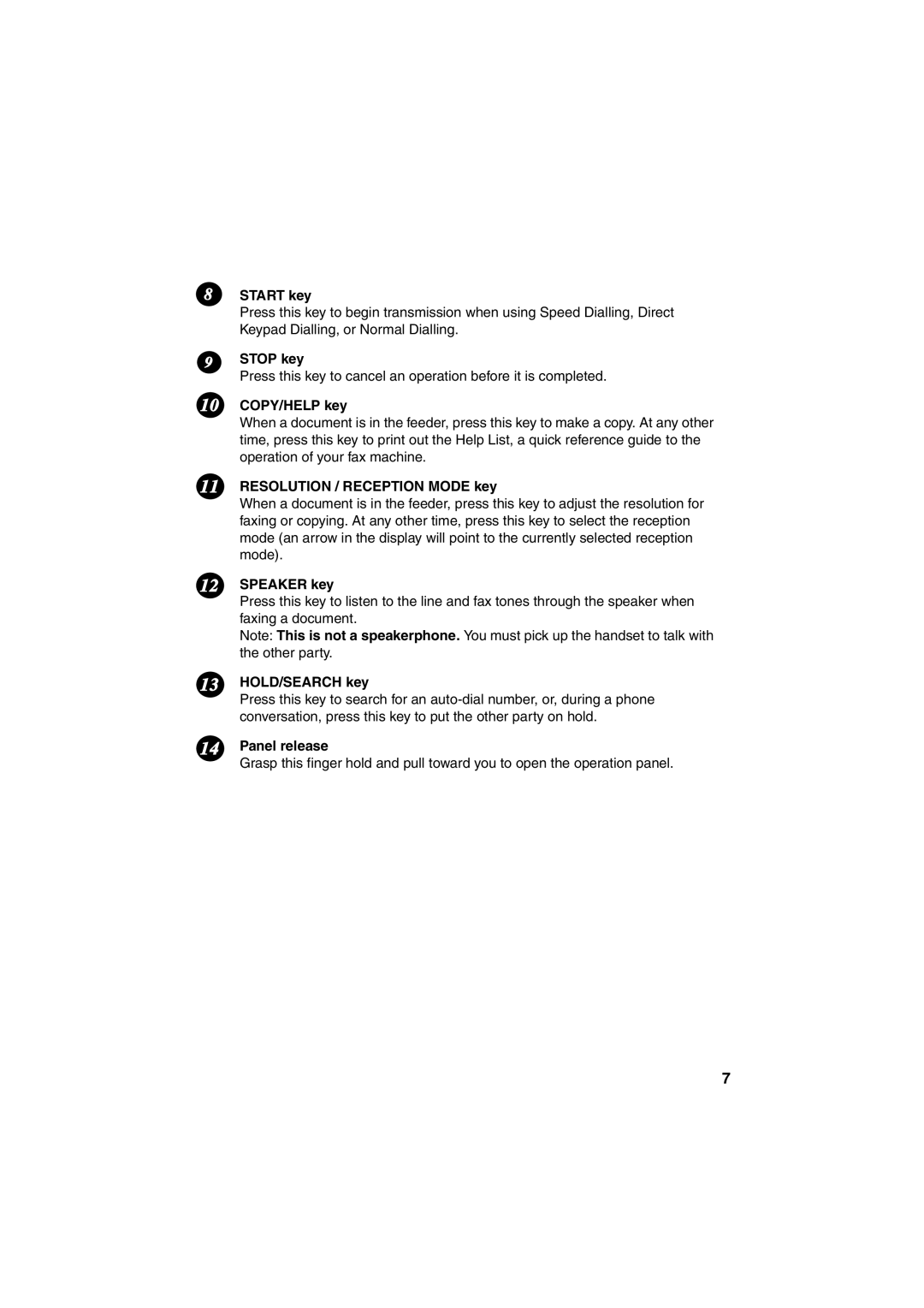 Sharp UX-61, UX-41, UX-21 Start key, Stop key, COPY/HELP key, Resolution / Reception Mode key, Speaker key, HOLD/SEARCH key 