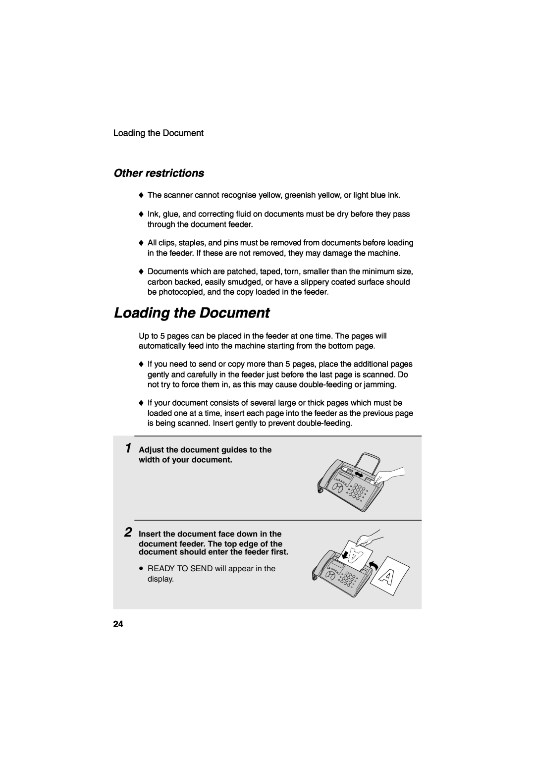 Sharp GQ-56, UX-41 Loading the Document, Other restrictions, Adjust the document guides to the width of your document 