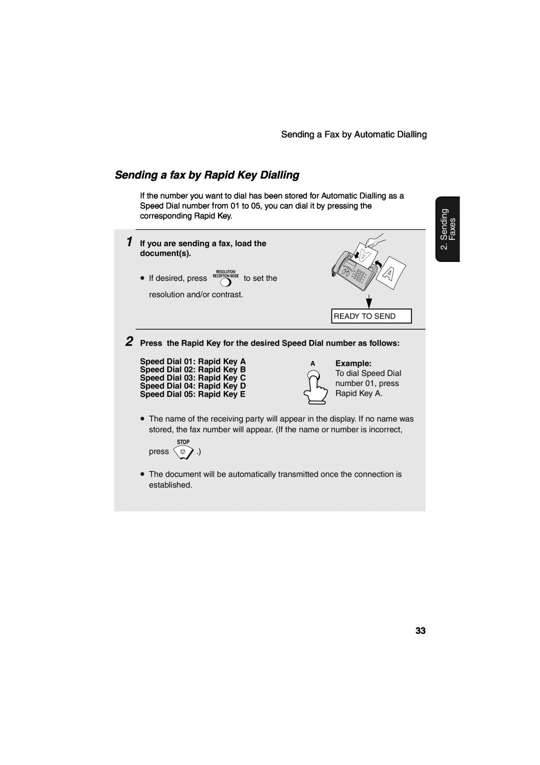 Sharp FO-71 Sending a fax by Rapid Key Dialling, Faxes, If you are sending a fax, load the documents, Example, Rapid Key A 