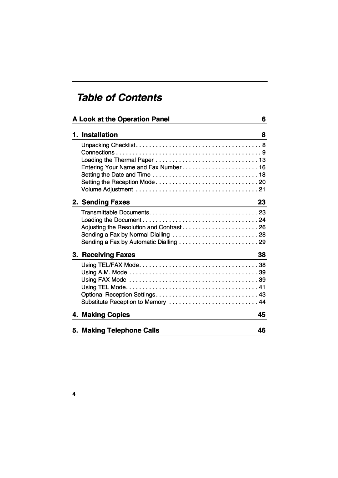 Sharp FO-51 Table of Contents, A Look at the Operation Panel, Installation, Sending Faxes, Receiving Faxes, Making Copies 