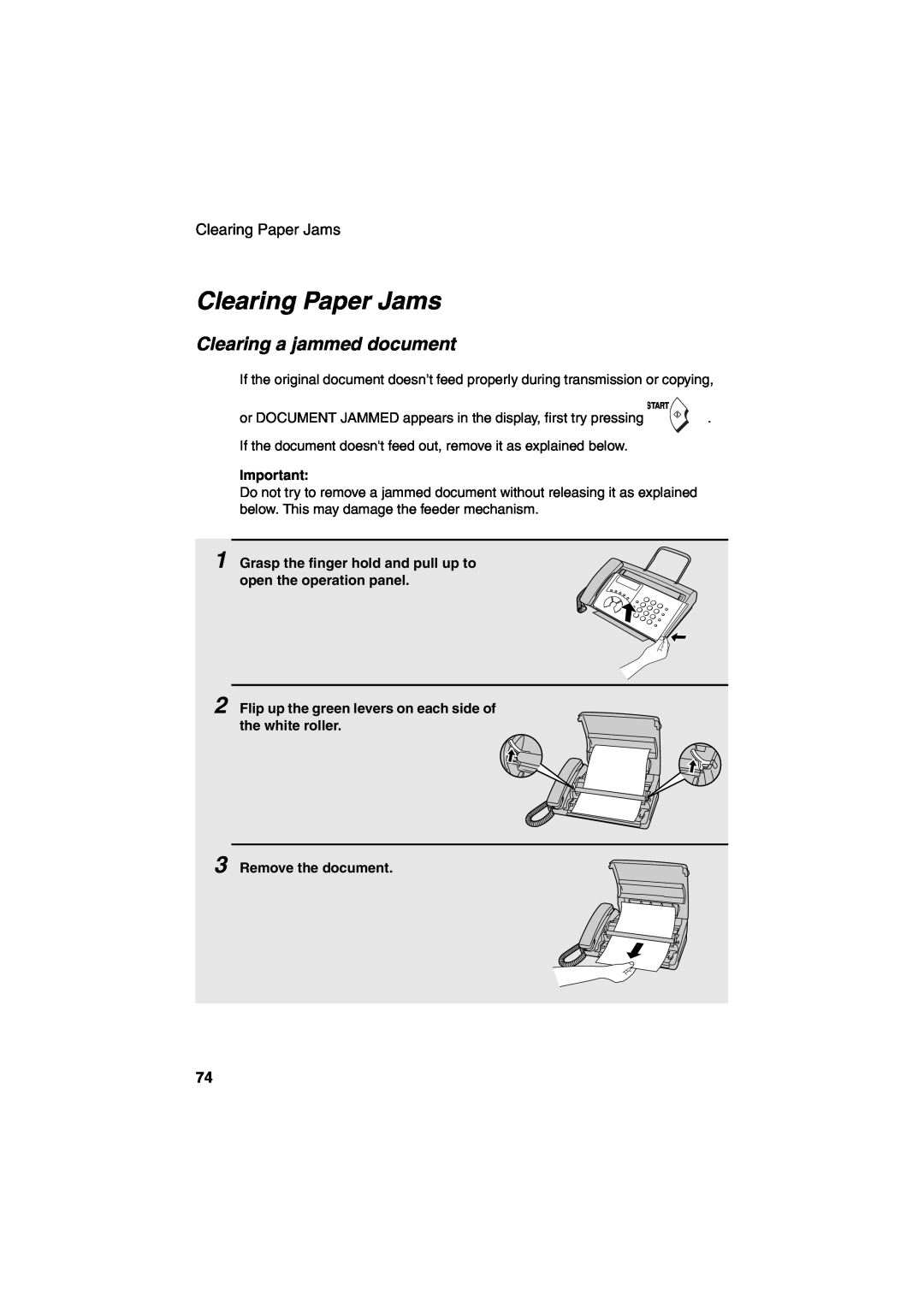 Sharp FO-51 Clearing Paper Jams, Clearing a jammed document, Grasp the finger hold and pull up to open the operation panel 