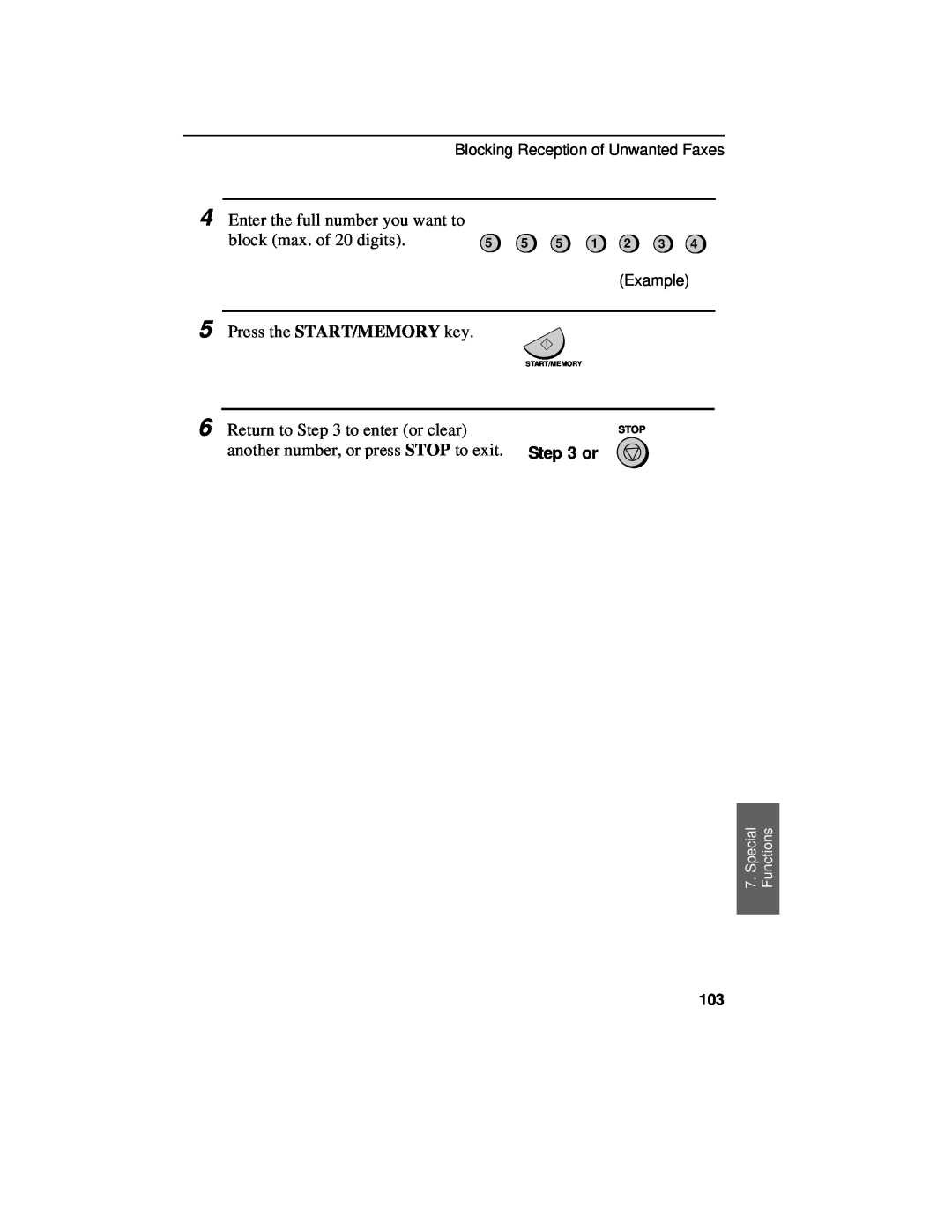 Sharp UX-460 Blocking Reception of Unwanted Faxes, Example, Special Functions, 5 5 1 2 3, Stop, Start/Memory 