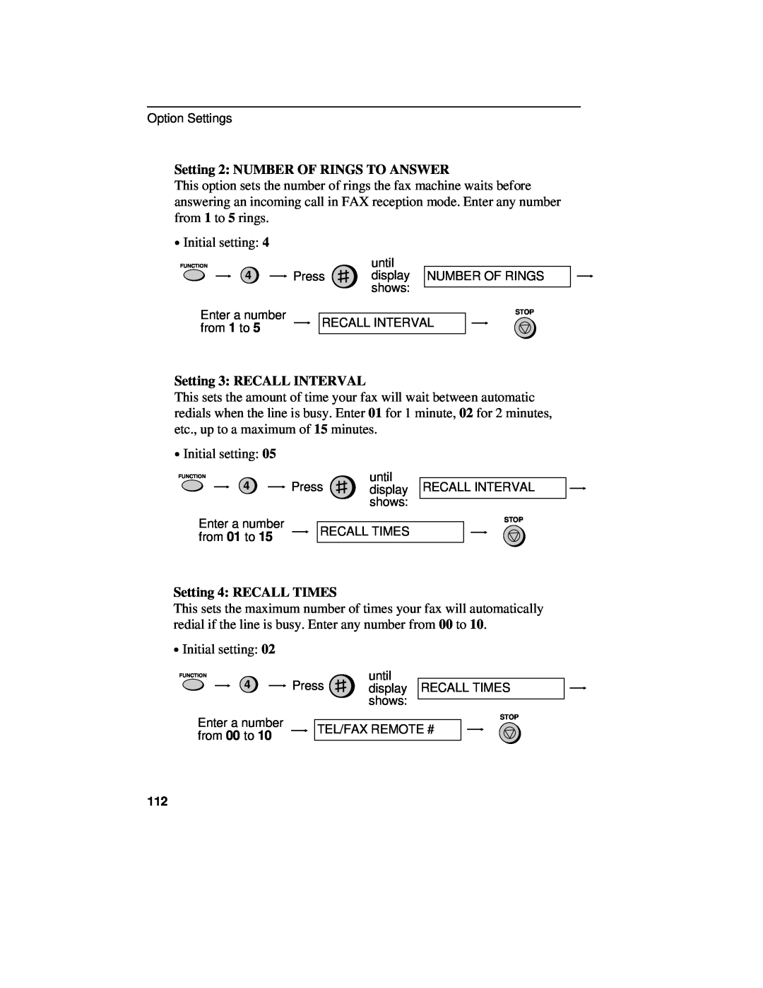 Sharp UX-460 operation manual Setting 2 NUMBER OF RINGS TO ANSWER, Setting 3 RECALL INTERVAL, Setting 4 RECALL TIMES 