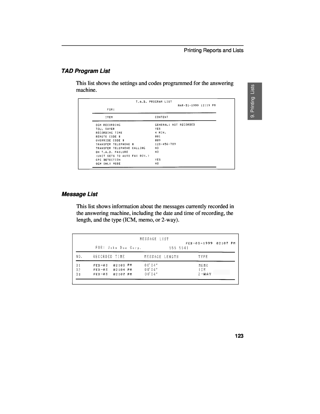 Sharp UX-460 operation manual TAD Program List, Message List 