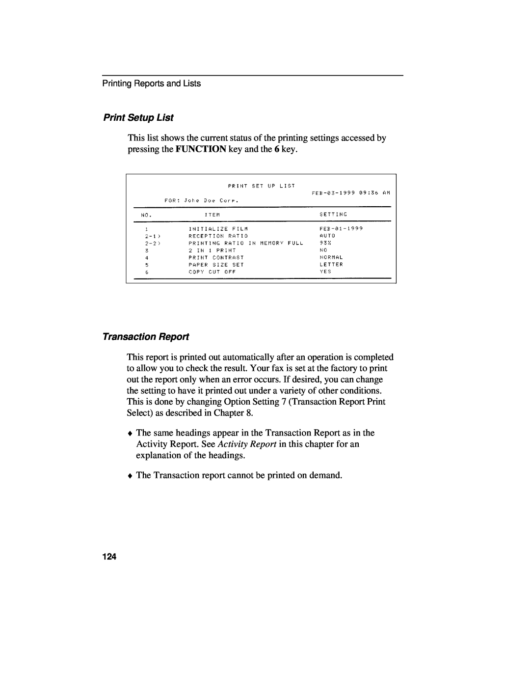 Sharp UX-460 operation manual Print Setup List, Transaction Report 