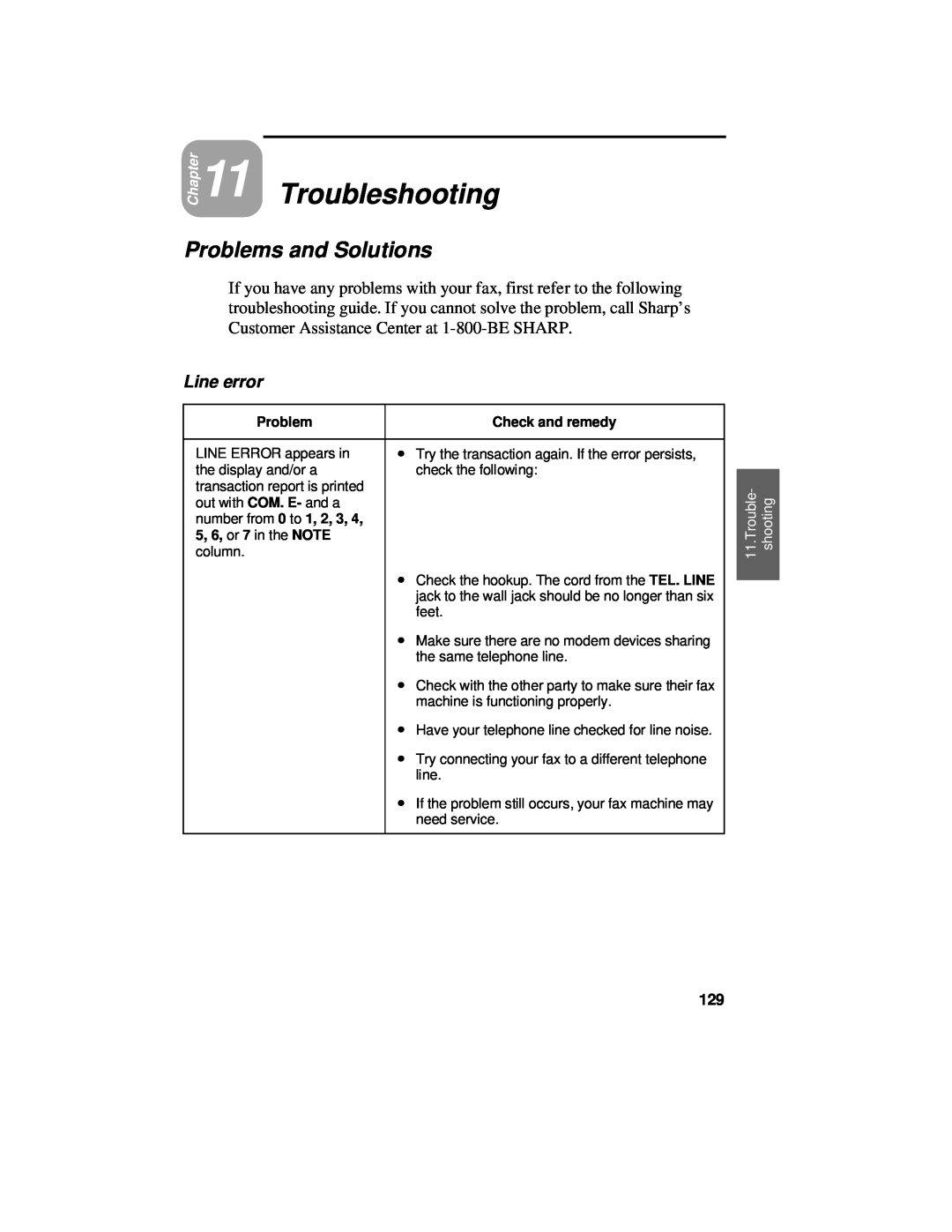 Sharp UX-460 operation manual Troubleshooting, Problems and Solutions, Line error, Check and remedy, 5, 6, or 7 in the NOTE 