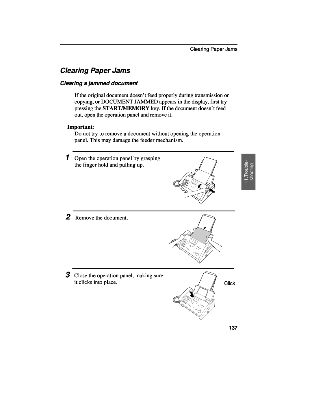 Sharp UX-460 operation manual Clearing Paper Jams, Clearing a jammed document 