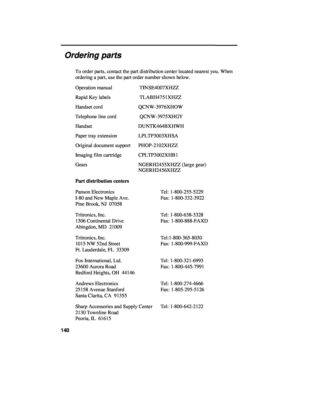 Sharp UX-460 operation manual Ordering parts, Part distribution centers 