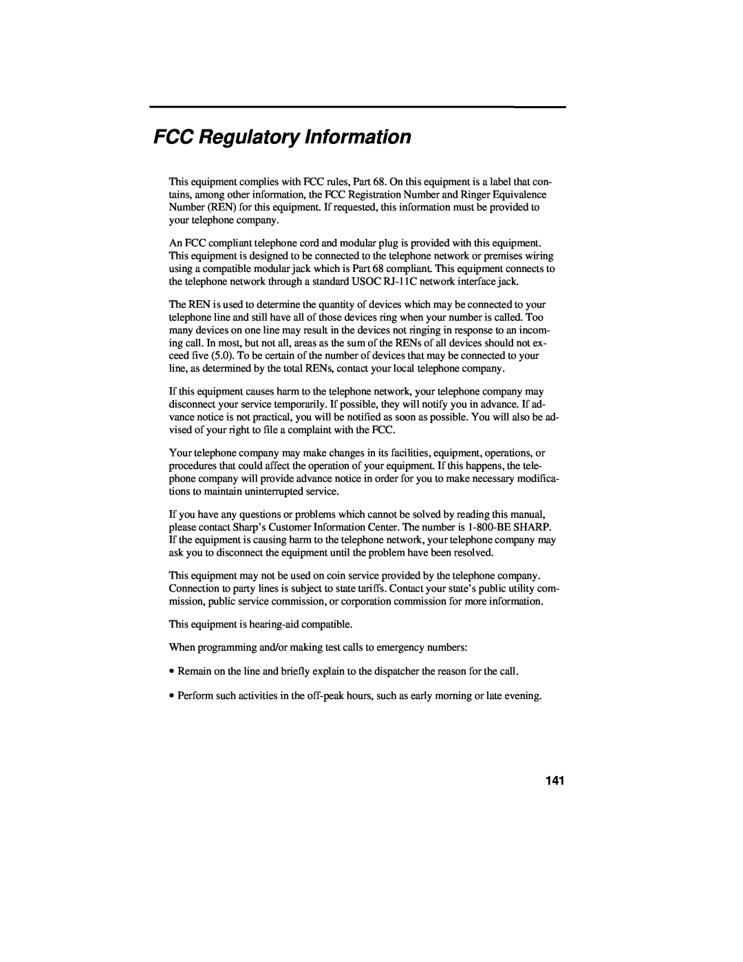 Sharp UX-460 operation manual FCC Regulatory Information 