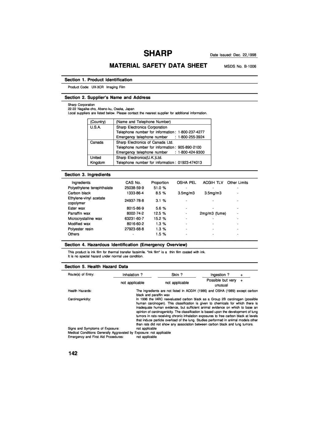 Sharp UX-460 Sharp, Material Safety Data Sheet, Product Identification, Supplier’s Name and Address, Ingredients 