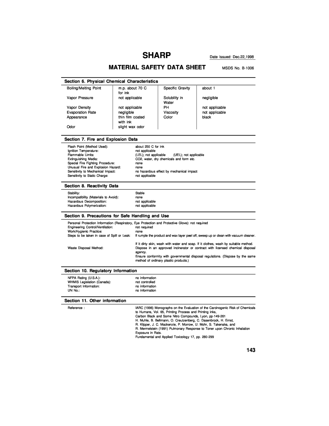 Sharp UX-460 operation manual Sharp, Material Safety Data Sheet, Physical Chemical Characteristics, Fire and Explosion Data 