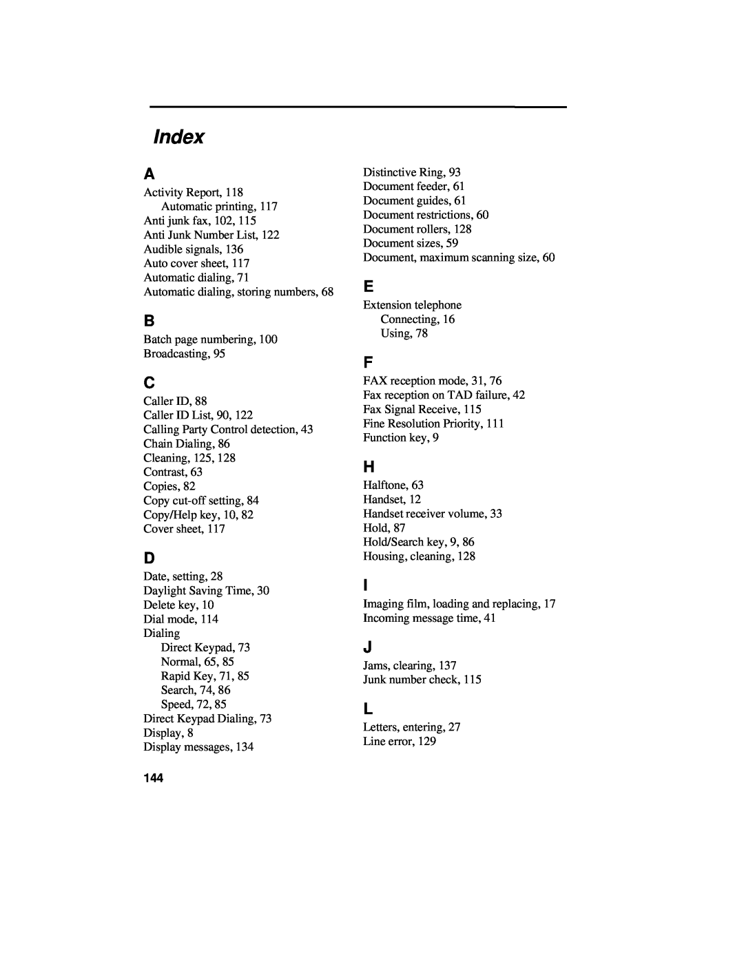 Sharp UX-460 operation manual Index 