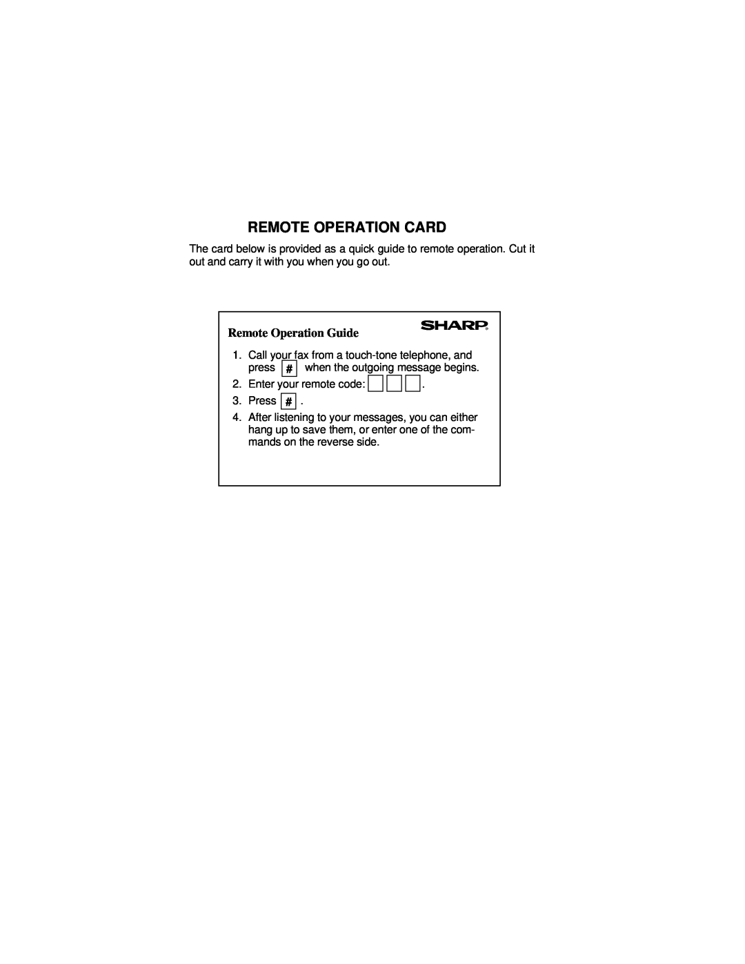 Sharp UX-460 operation manual Remote Operation Card, Remote Operation Guide 