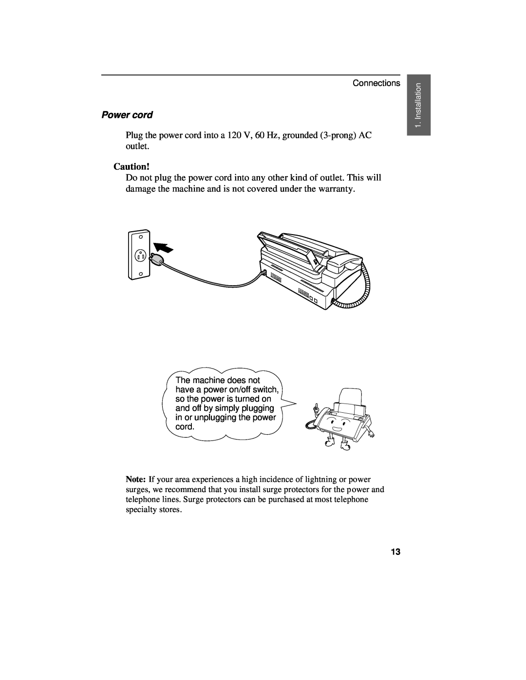 Sharp UX-460 operation manual Power cord, Plug the power cord into a 120 V, 60 Hz, grounded 3-prong AC outlet 
