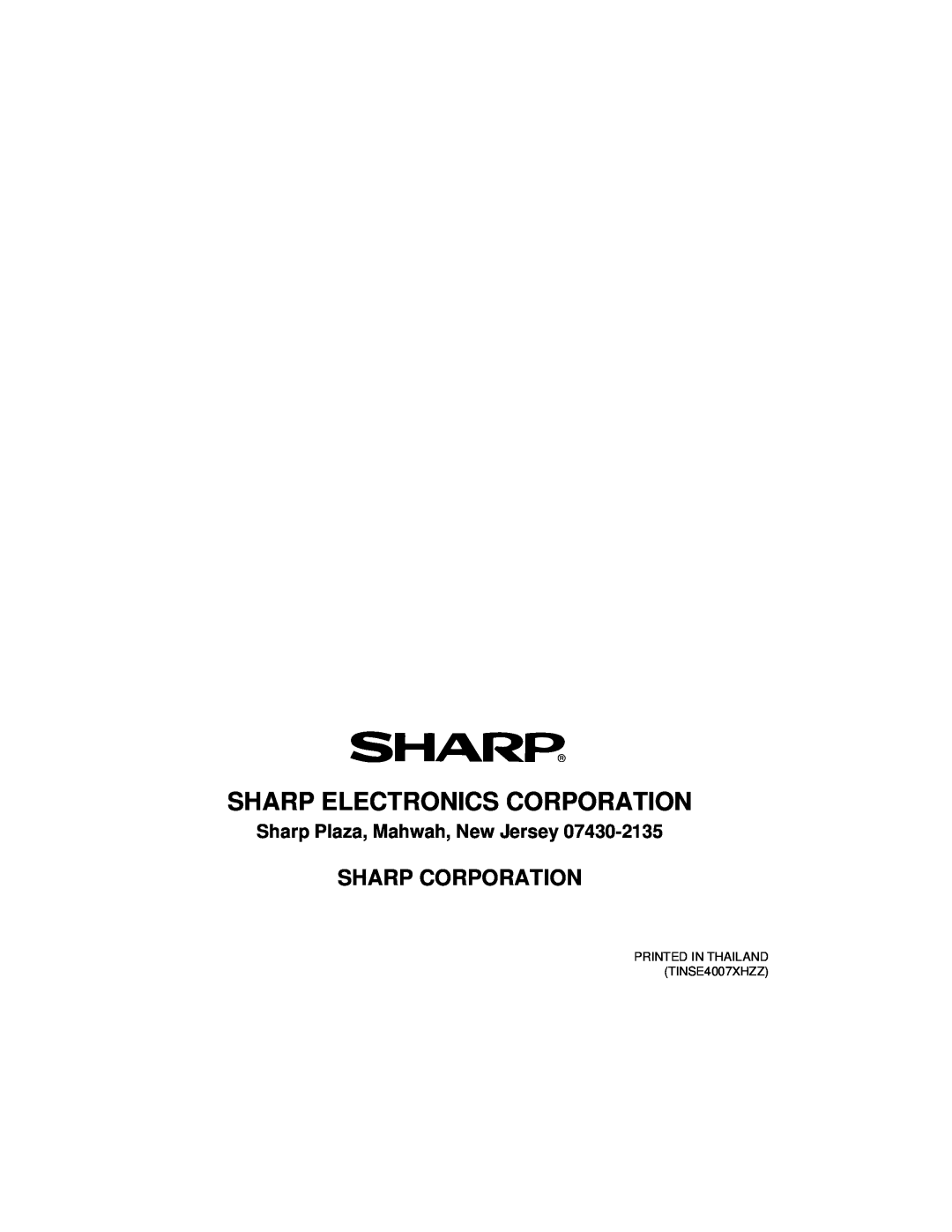 Sharp UX-460 operation manual Sharp Corporation, Sharp Plaza, Mahwah, New Jersey, Sharp Electronics Corporation 