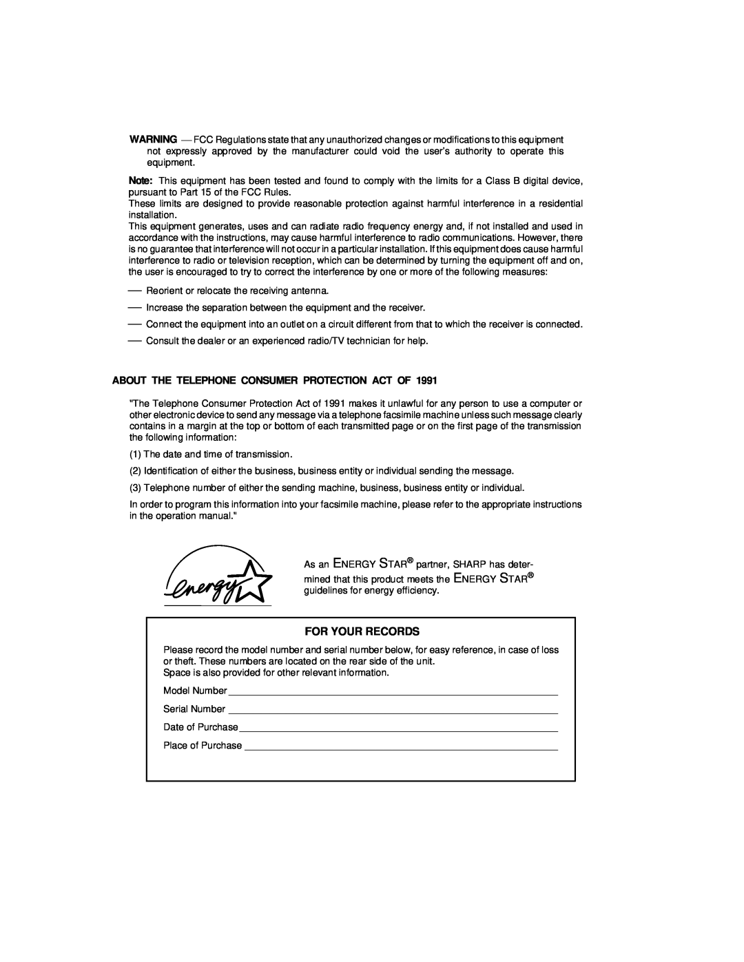 Sharp UX-460 operation manual For Your Records, About The Telephone Consumer Protection Act Of 