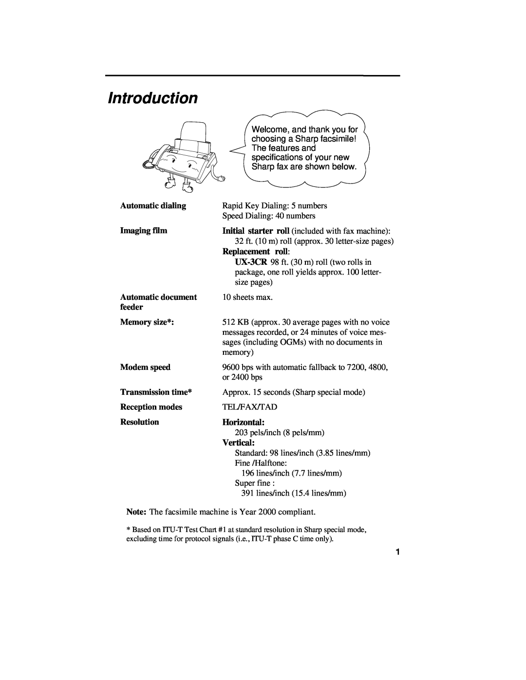 Sharp UX-460 operation manual Introduction, Replacement roll, Horizontal, Vertical 
