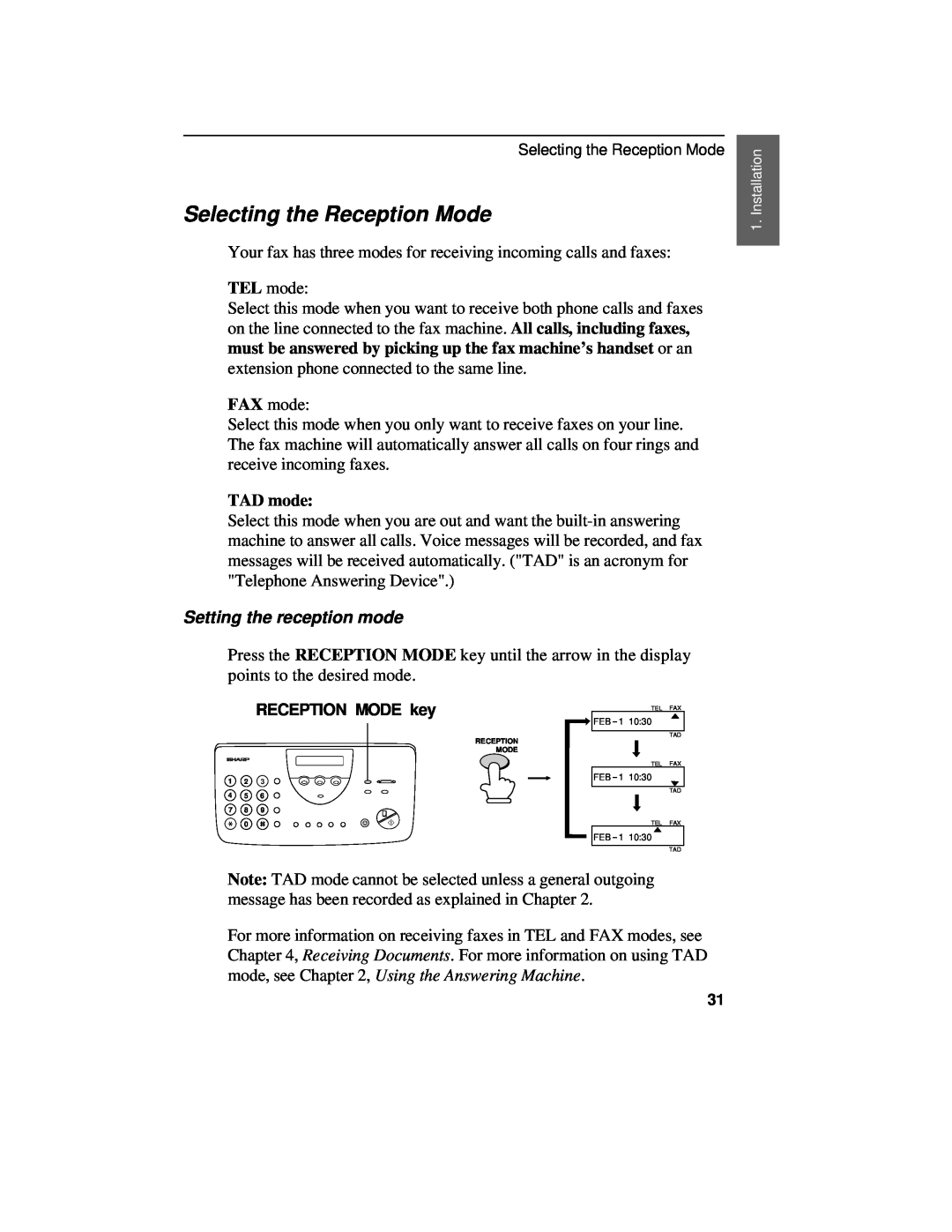 Sharp UX-460 operation manual Selecting the Reception Mode, TAD mode, Setting the reception mode 