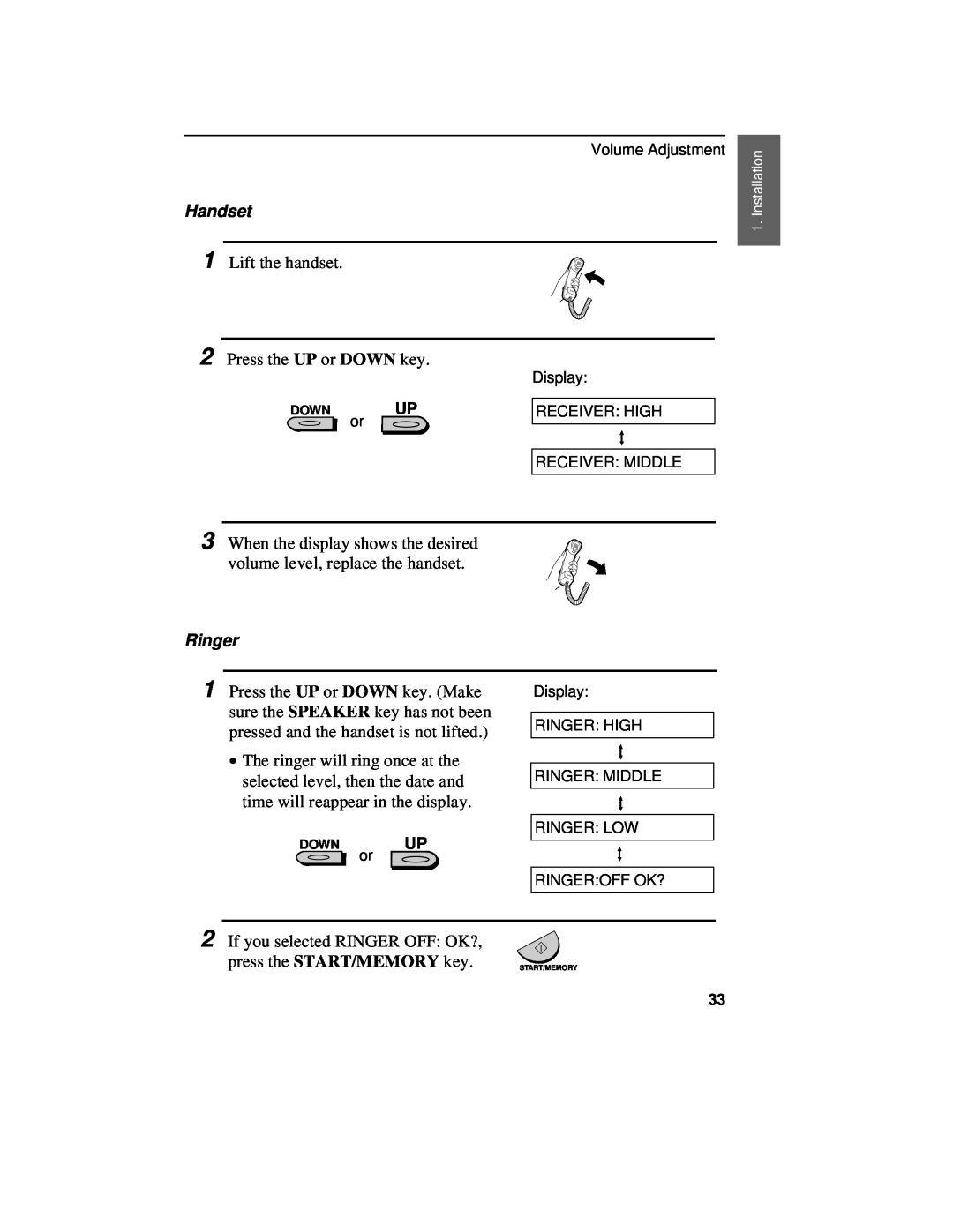 Sharp UX-460 operation manual Handset, Lift the handset 2 Press the UP or DOWN key, Ringer 