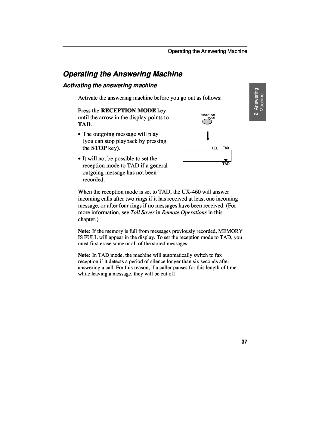 Sharp UX-460 operation manual Operating the Answering Machine, Activating the answering machine 