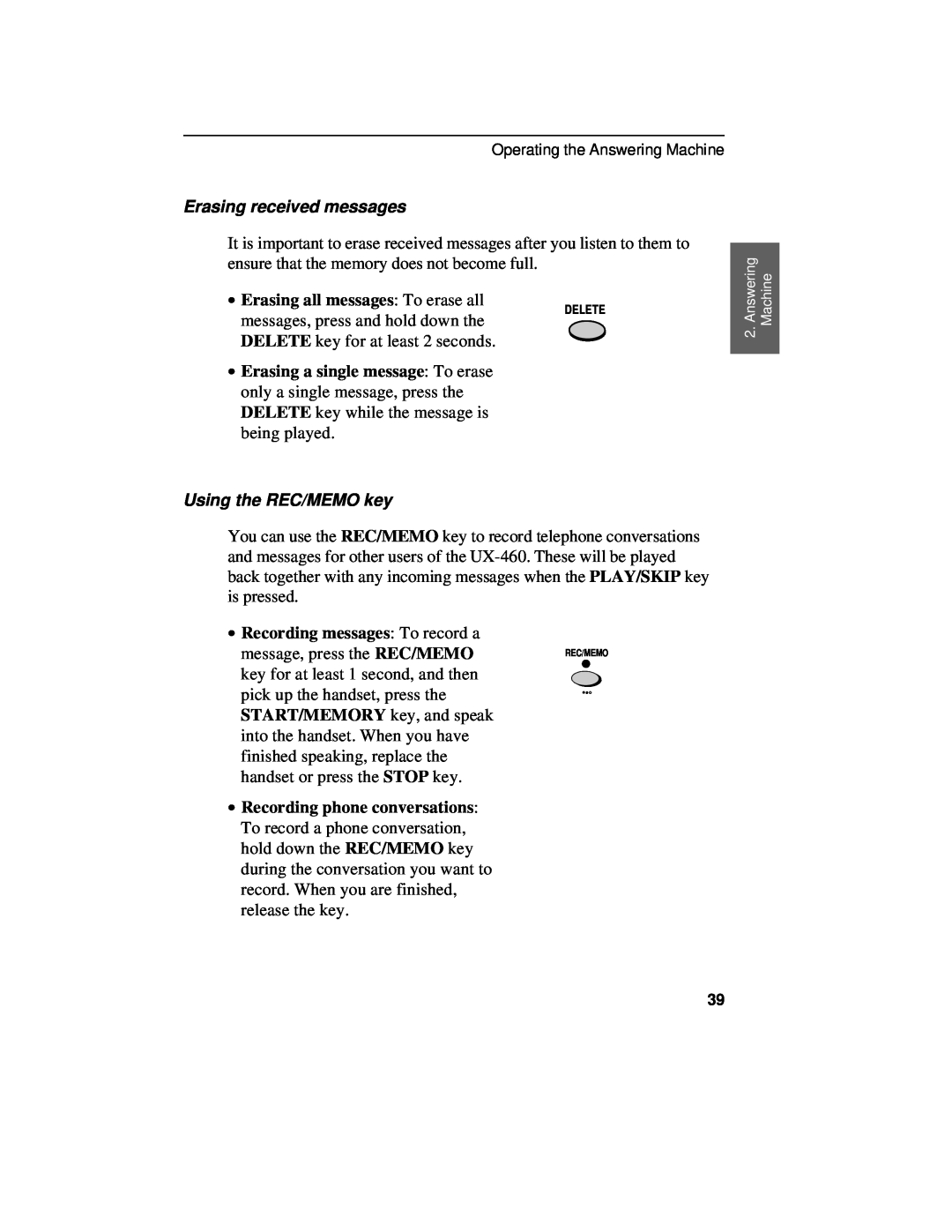 Sharp UX-460 operation manual Erasing received messages, ∙ Erasing all messages To erase all, Using the REC/MEMO key 
