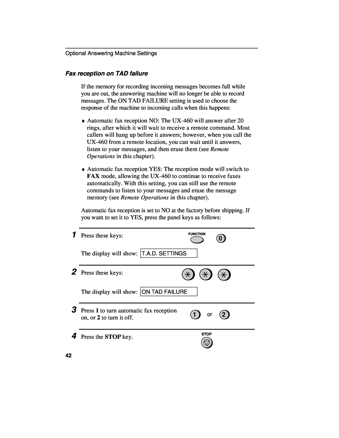 Sharp UX-460 operation manual Fax reception on TAD failure 