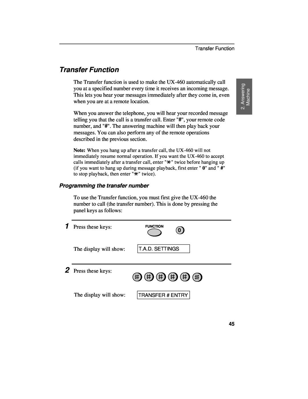 Sharp UX-460 operation manual Transfer Function, Programming the transfer number 