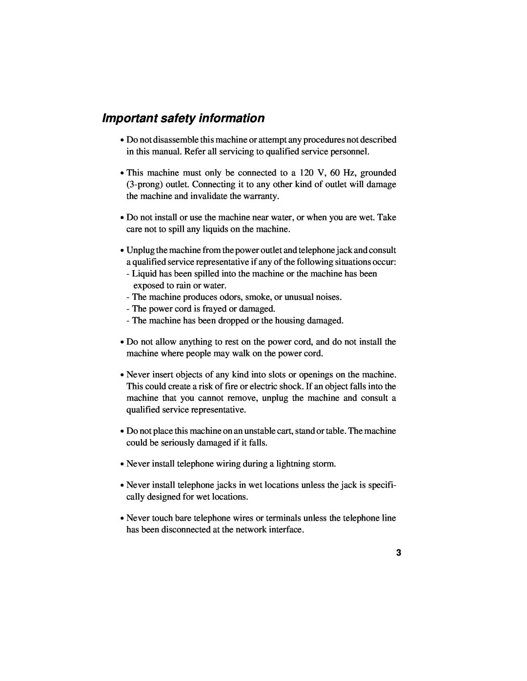 Sharp UX-460 operation manual Important safety information 