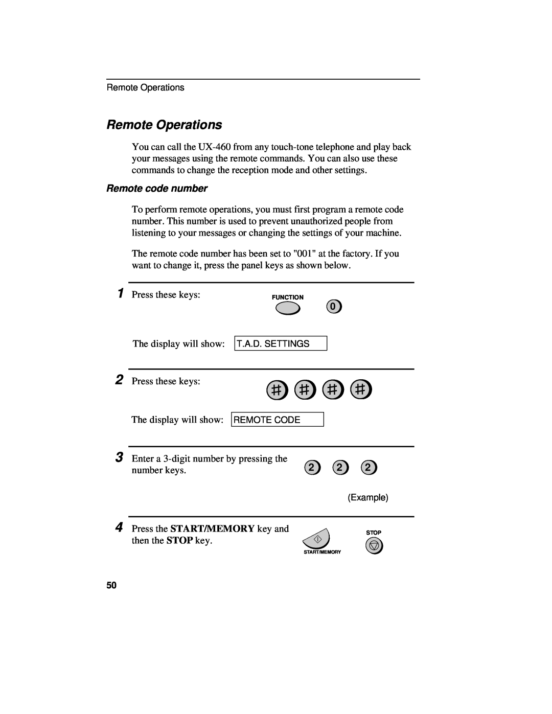Sharp UX-460 operation manual Remote Operations, Remote code number 