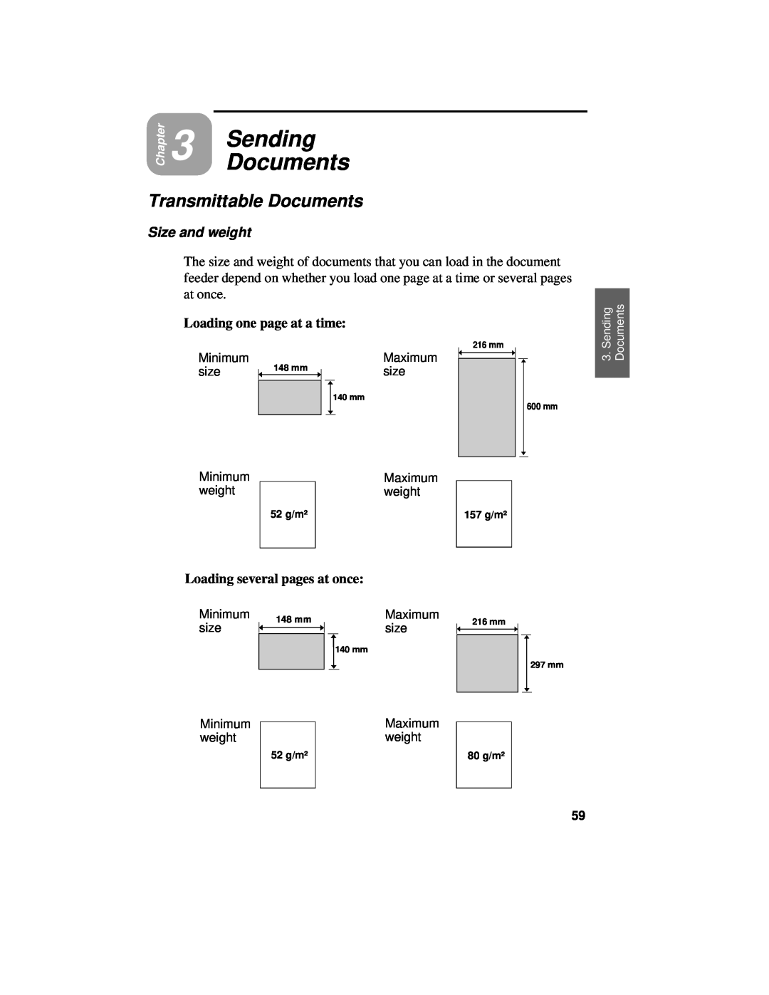 Sharp UX-460 SendingDocuments, Transmittable Documents, Size and weight, Minimum size Minimum weight, Maximum size, 216 mm 