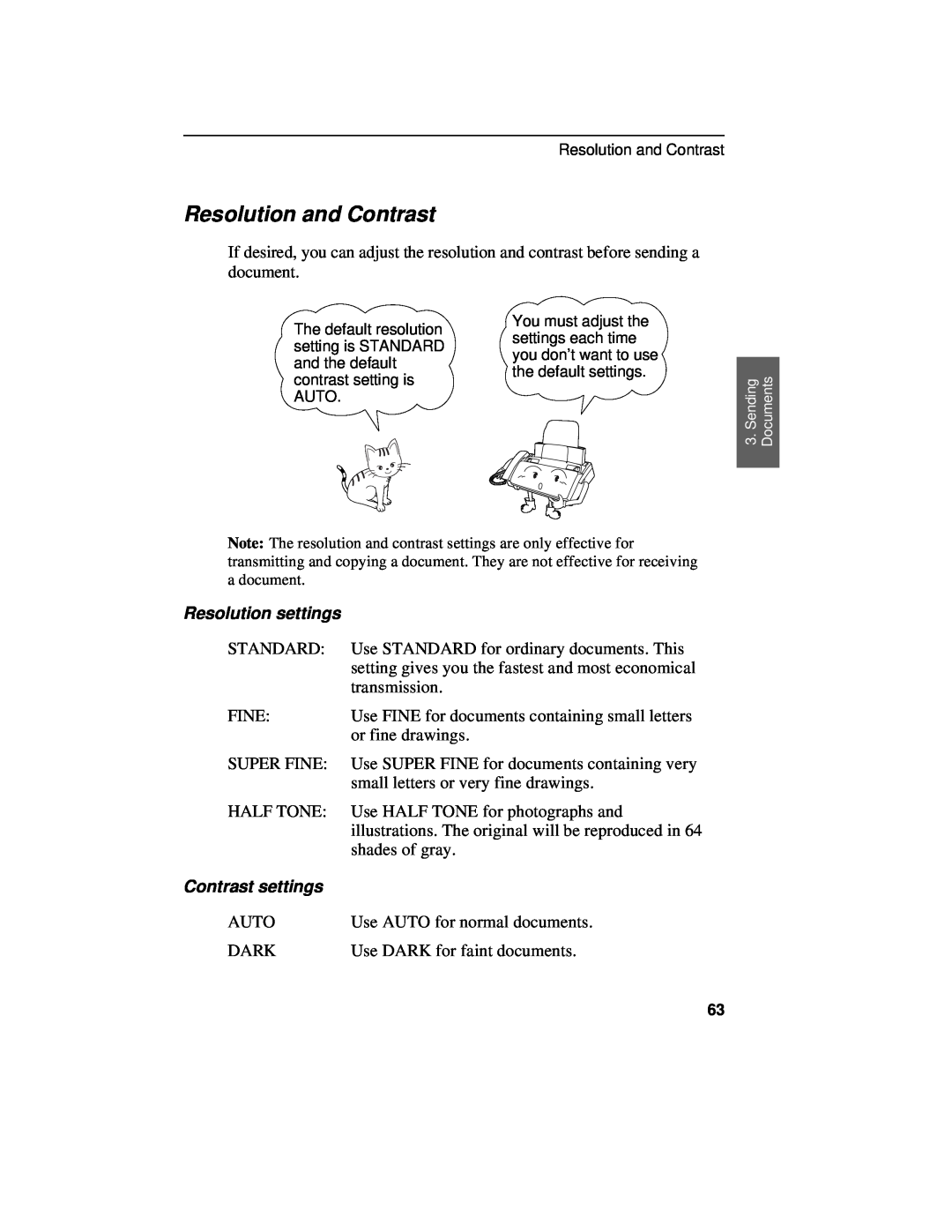 Sharp UX-460 operation manual Resolution and Contrast, Resolution settings, Contrast settings 
