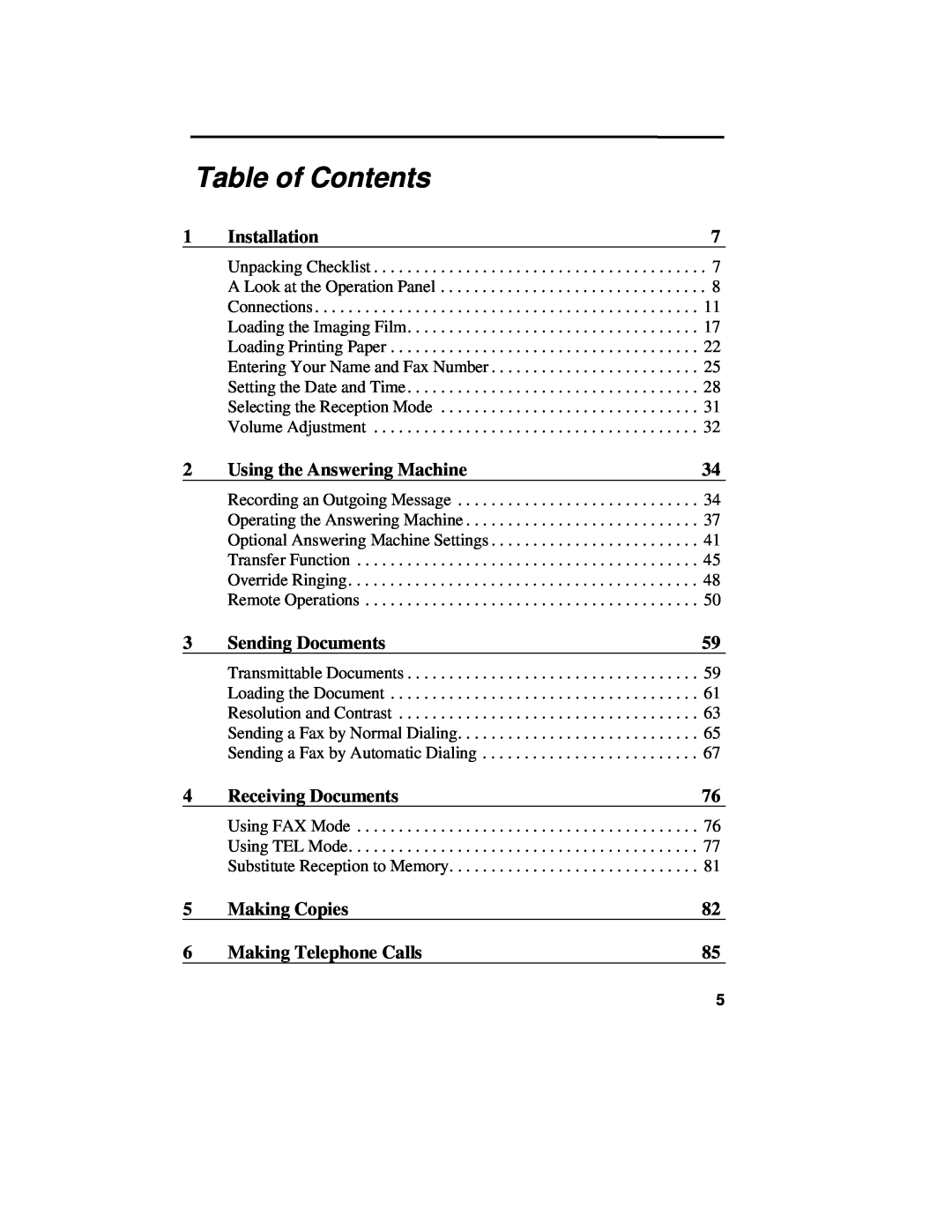 Sharp UX-460 Table of Contents, Installation, Using the Answering Machine, Sending Documents, Receiving Documents 