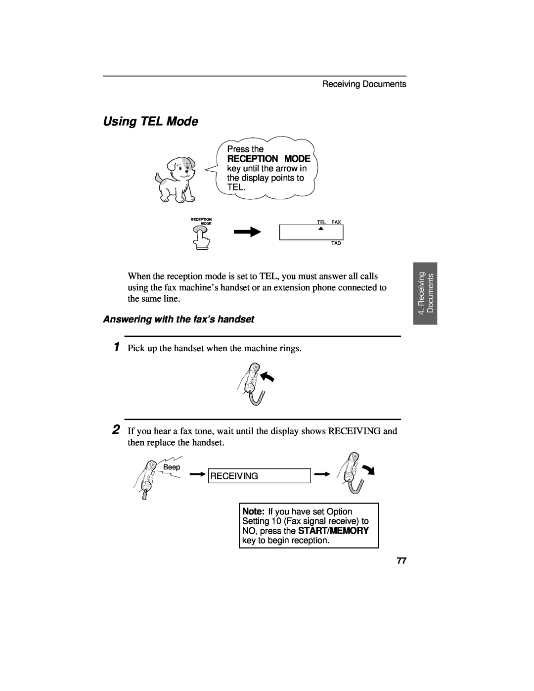 Sharp UX-460 operation manual Using TEL Mode, Answering with the fax’s handset 