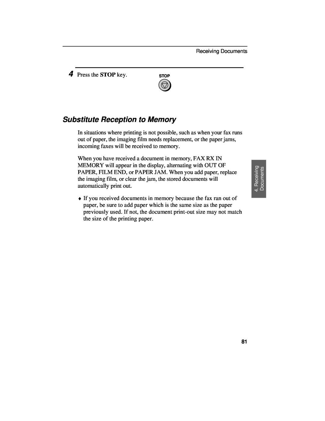 Sharp UX-460 operation manual Substitute Reception to Memory, Stop 