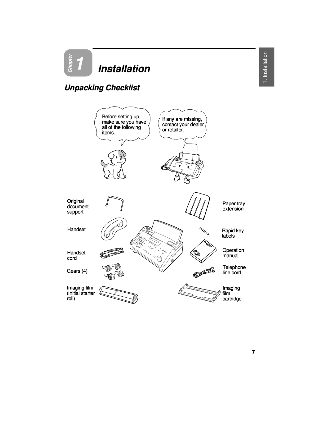 Sharp UX-460 operation manual Unpacking Checklist, Installation, Chapter 