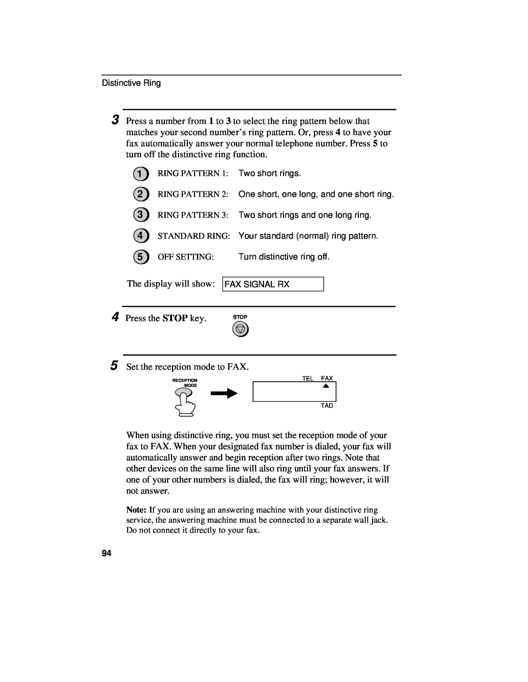 Sharp UX-460 operation manual RING PATTERN 1 Two short rings, Tel Fax 