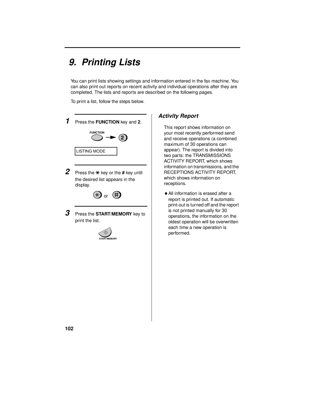 Sharp UX-465L operation manual Printing Lists, Activity Report, 102 