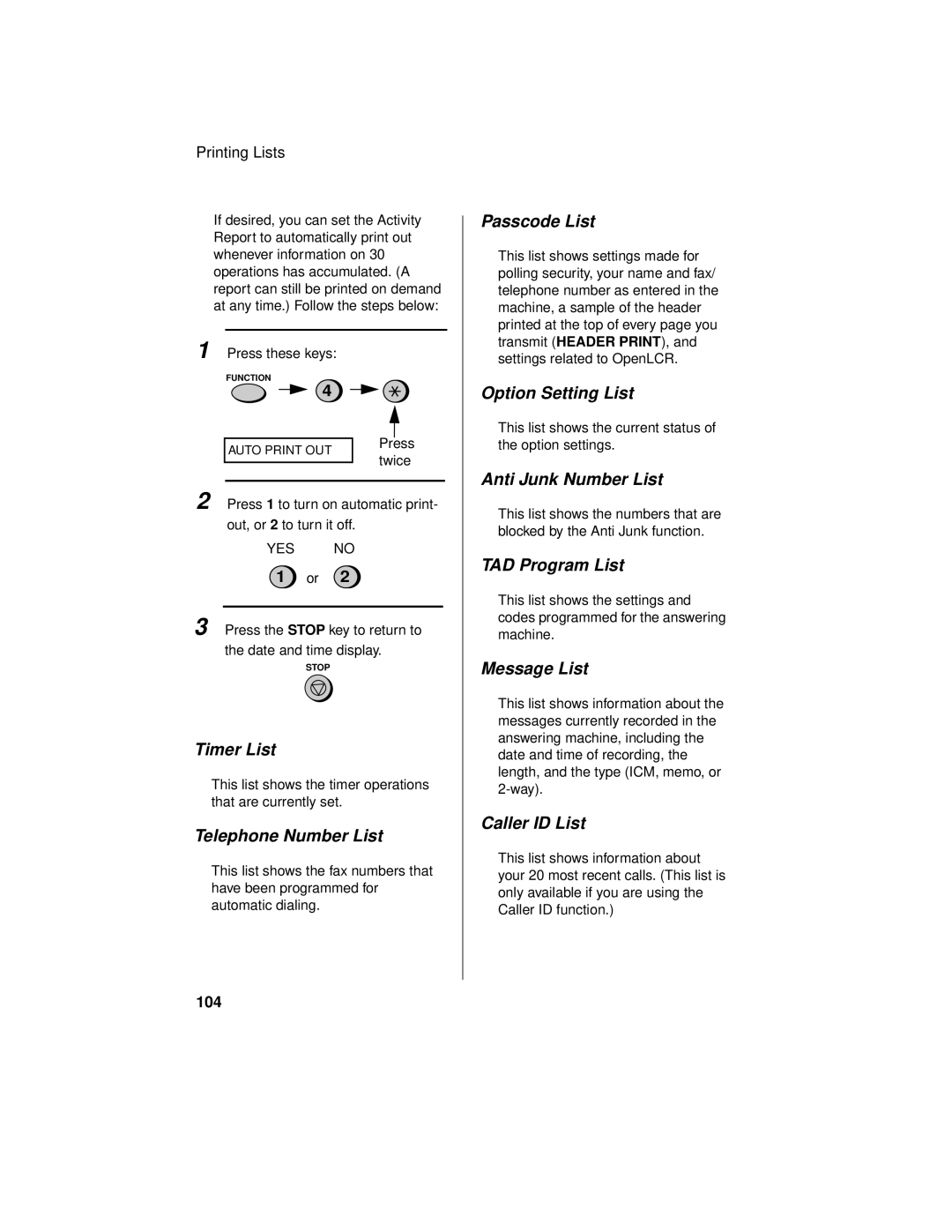 Sharp UX-465L Timer List, Telephone Number List, Passcode List, Option Setting List, Anti Junk Number List, Message List 