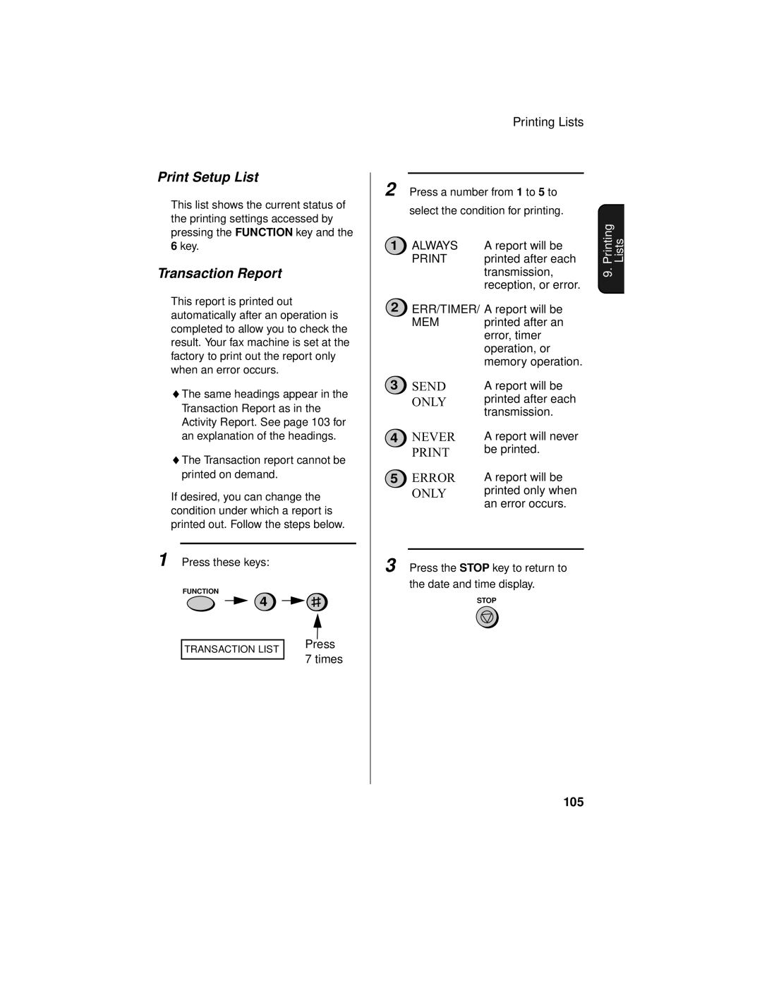 Sharp UX-465L operation manual Print Setup List, Transaction Report, 105 