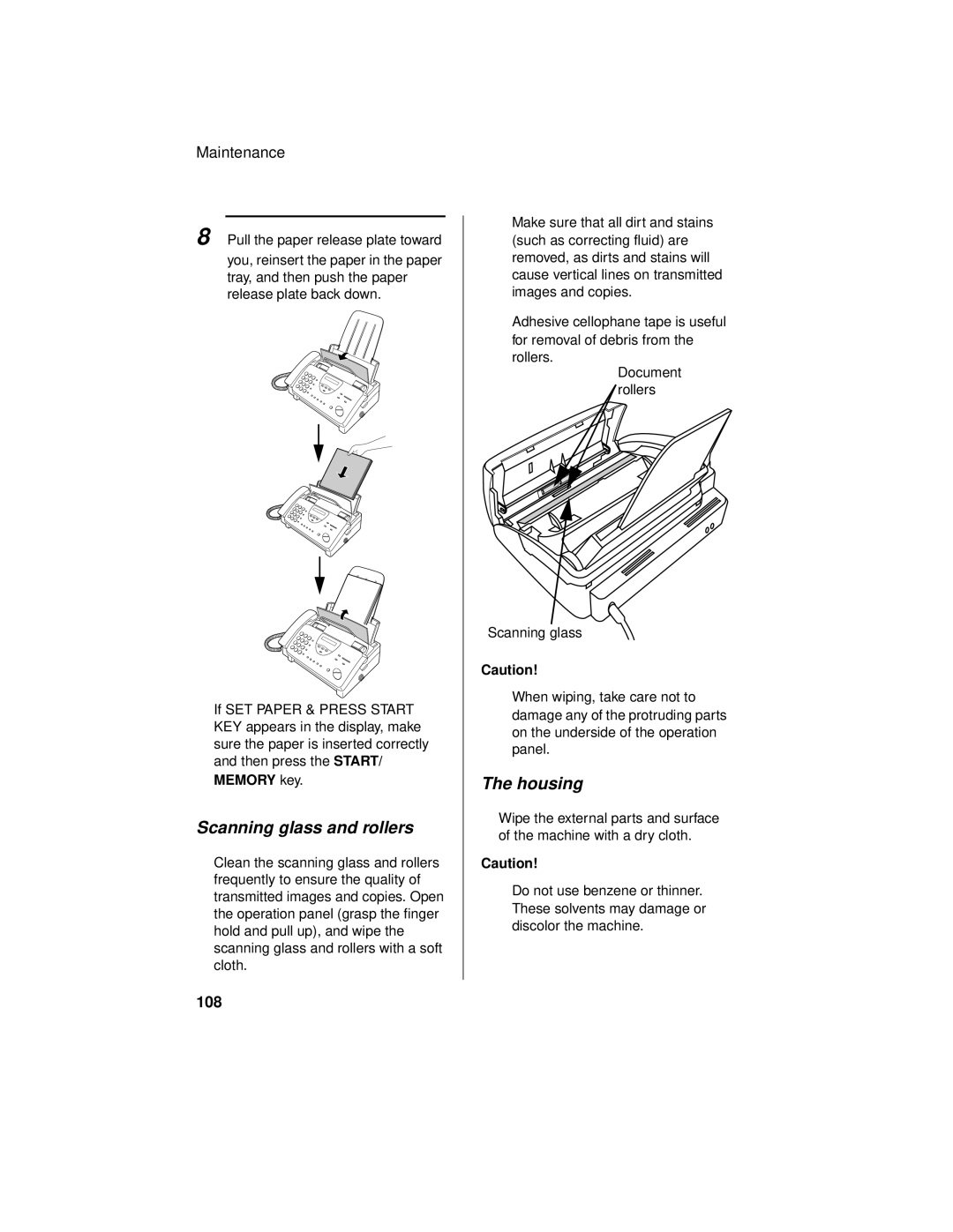 Sharp UX-465L operation manual Scanning glass and rollers, Housing, 108 