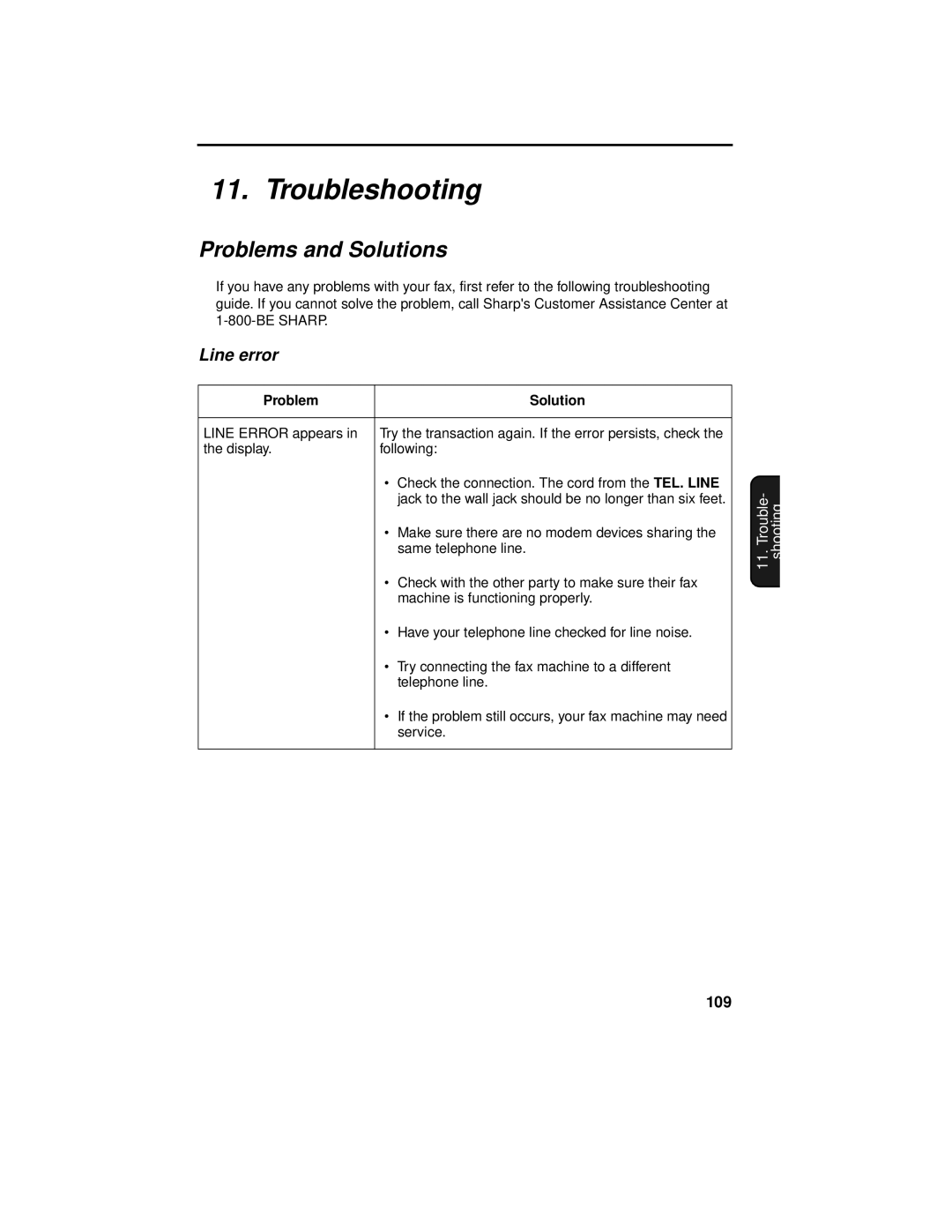 Sharp UX-465L operation manual Troubleshooting, Problems and Solutions, Line error, 109, Problem Solution 