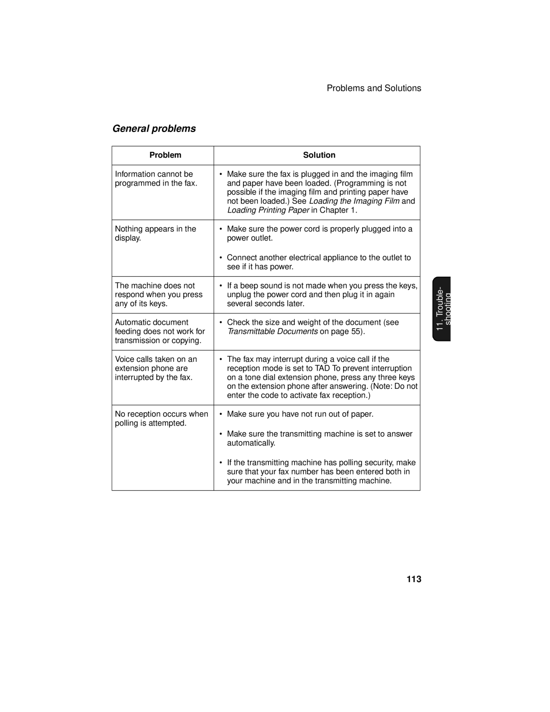 Sharp UX-465L operation manual General problems, 113 