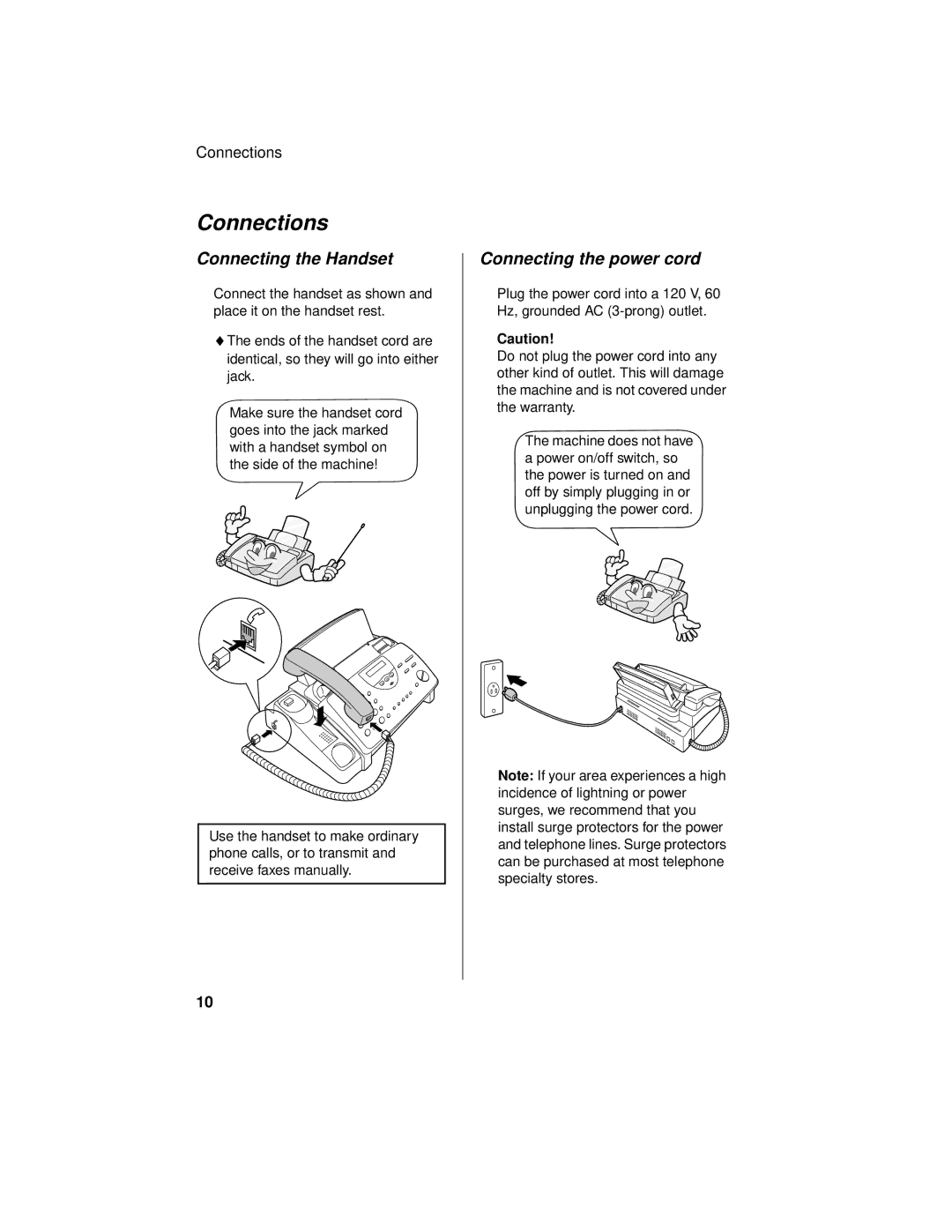 Sharp UX-465L operation manual Connections, Connecting the Handset, Connecting the power cord 