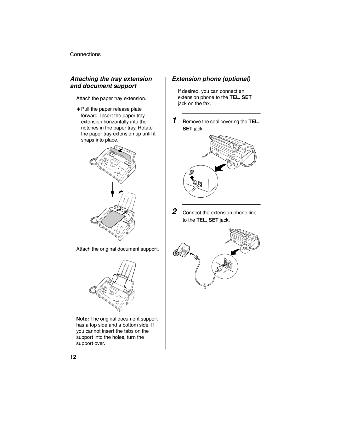 Sharp UX-465L operation manual Attaching the tray extension and document support, Extension phone optional 