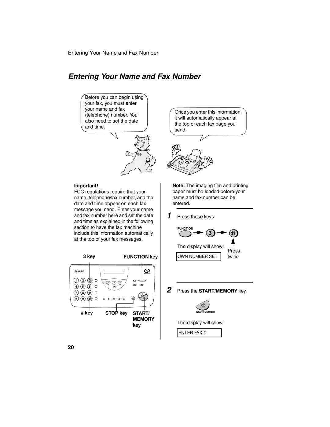 Sharp UX-465L operation manual Entering Your Name and Fax Number, Key Function key, Stop key Start, # key 