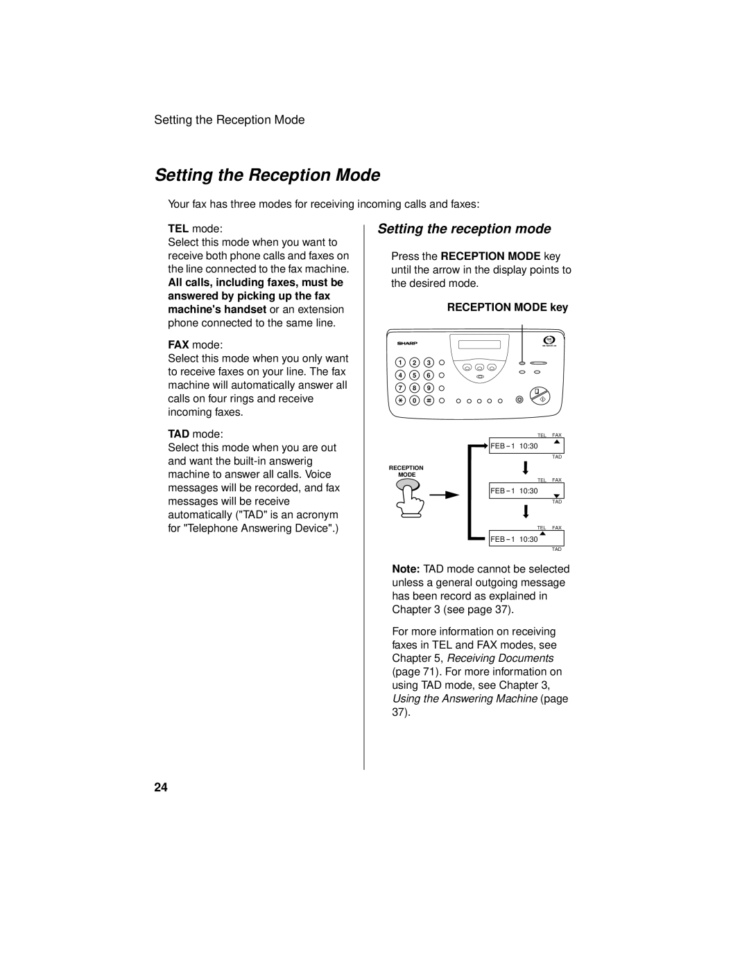 Sharp UX-465L operation manual Setting the Reception Mode, Setting the reception mode, Press the Reception Mode key 